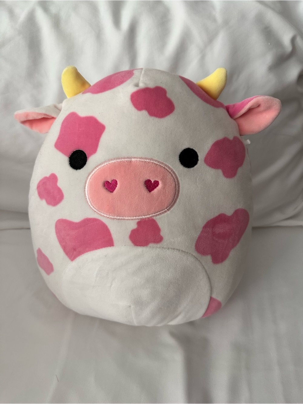 Kellytoy White and Pink Cow Plush Accent Pillow with Yellow Horns